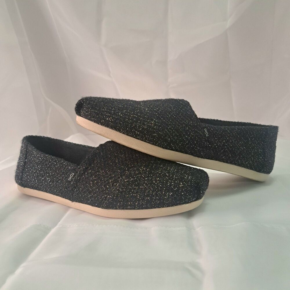 TOMS Black Alpargata Glitter Slip-On Flat Women's Size 6.5W Round Toe Whimsigoth